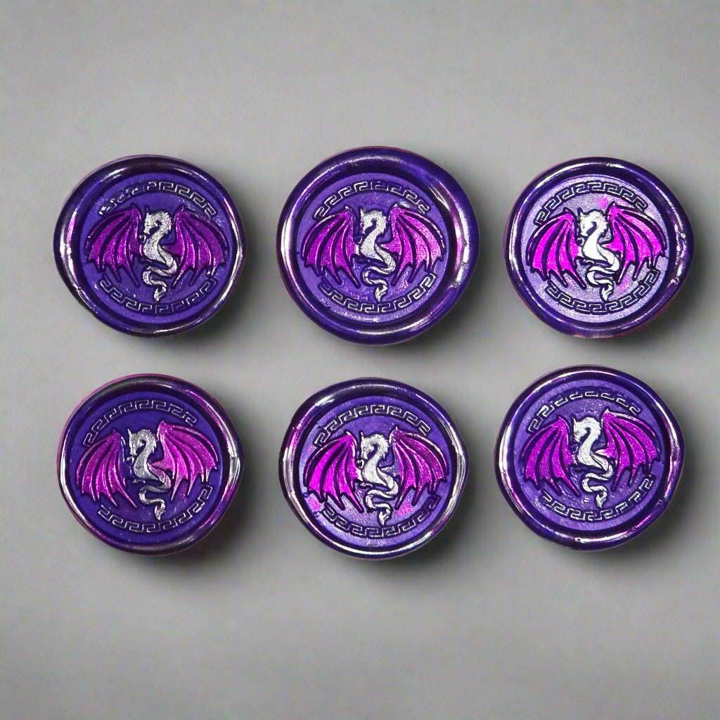 Dragon Wings Spread Wax Seals Purple & Silver Set of SIX, with Adhesive Wax Seals for Cards, Invitations and Gifts