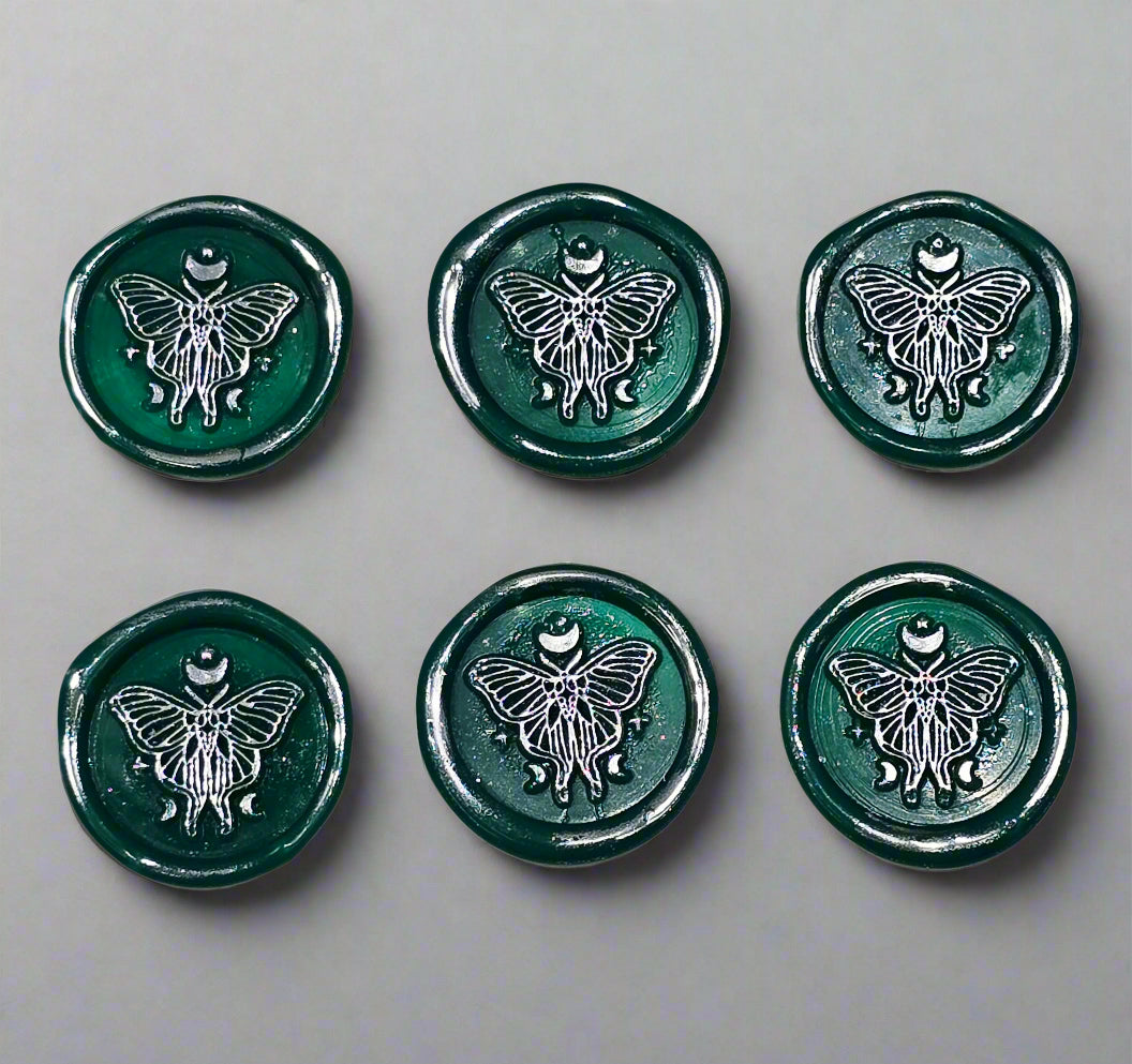 Butterfly Moon Green And Silver Wax Seals, Set of SIX with Adhesive Wax Seals for Cards, Invitations and Gifts