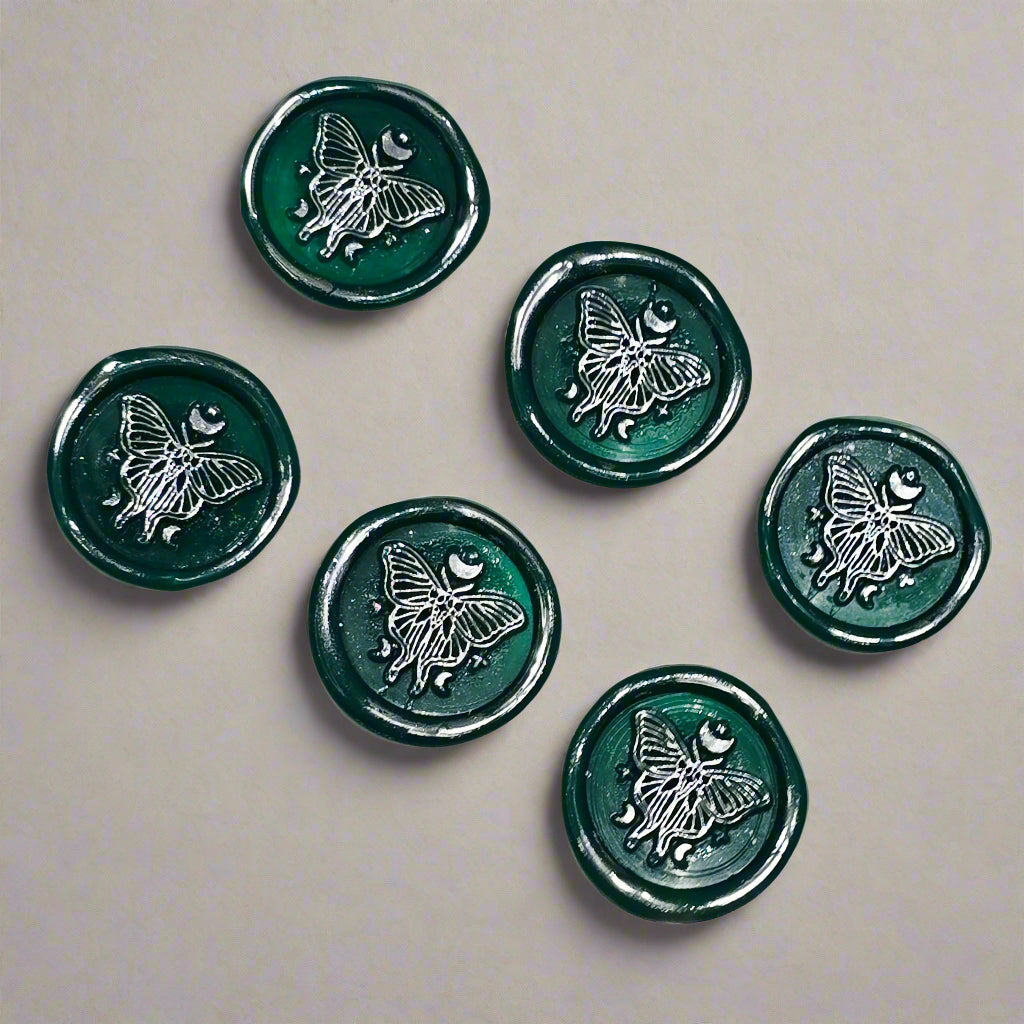 Butterfly Moon Green And Silver Wax Seals, Set of SIX with Adhesive Wax Seals for Cards, Invitations and Gifts