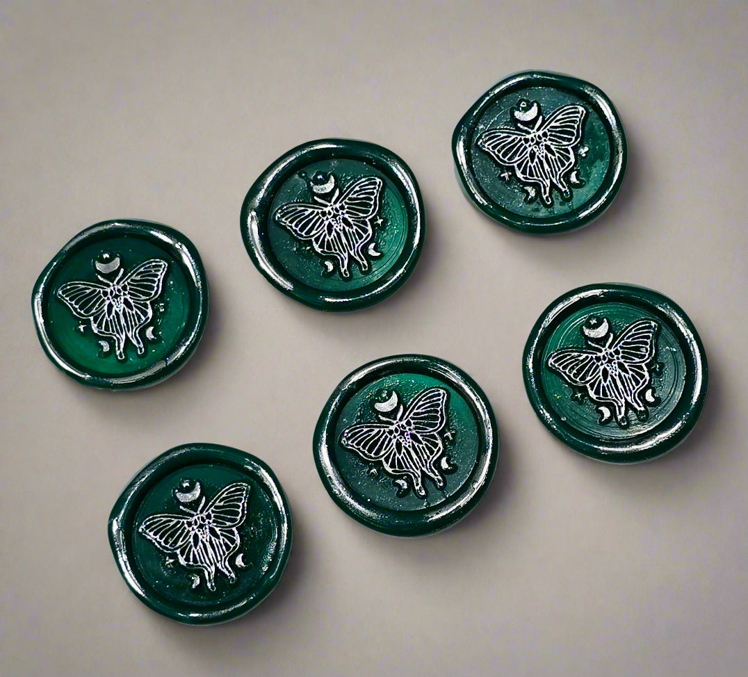 Butterfly Moon Green And Silver Wax Seals, Set of SIX with Adhesive Wax Seals for Cards, Invitations and Gifts
