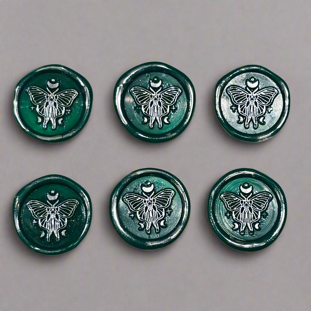 Butterfly Moon Green And Silver Wax Seals, Set of SIX with Adhesive Wax Seals for Cards, Invitations and Gifts