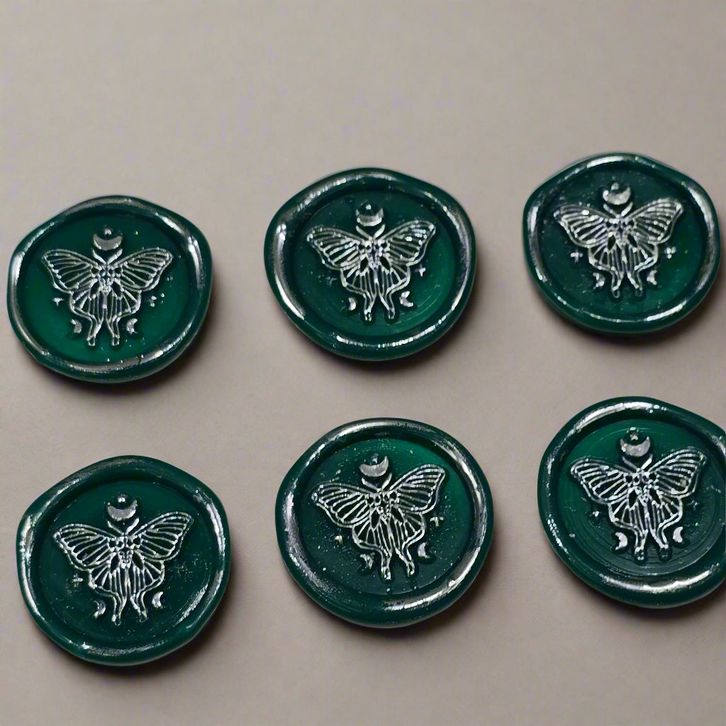 Butterfly Moon Green And Silver Wax Seals, Set of SIX with Adhesive Wax Seals for Cards, Invitations and Gifts