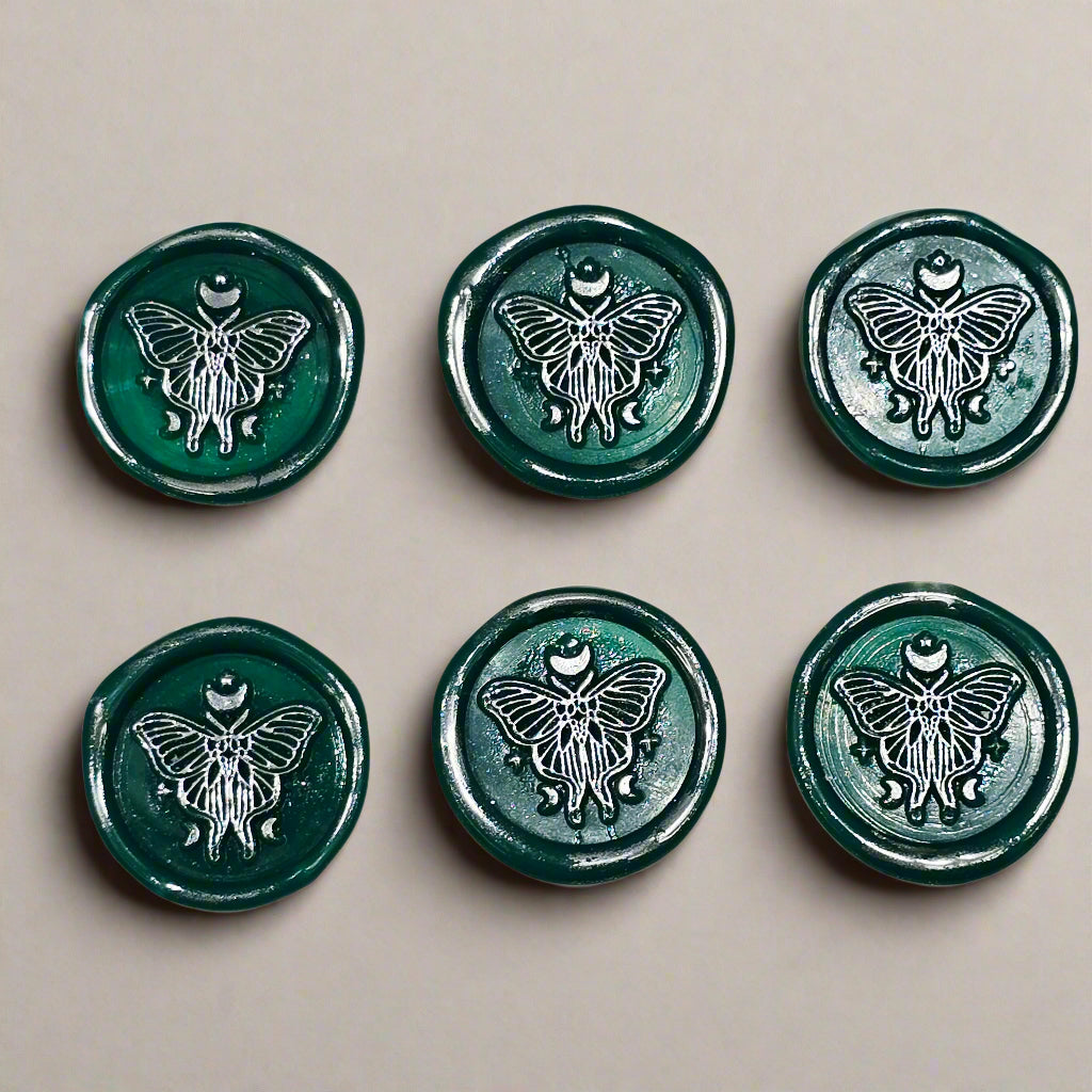 Butterfly Moon Green And Silver Wax Seals, Set of SIX with Adhesive Wax Seals for Cards, Invitations and Gifts
