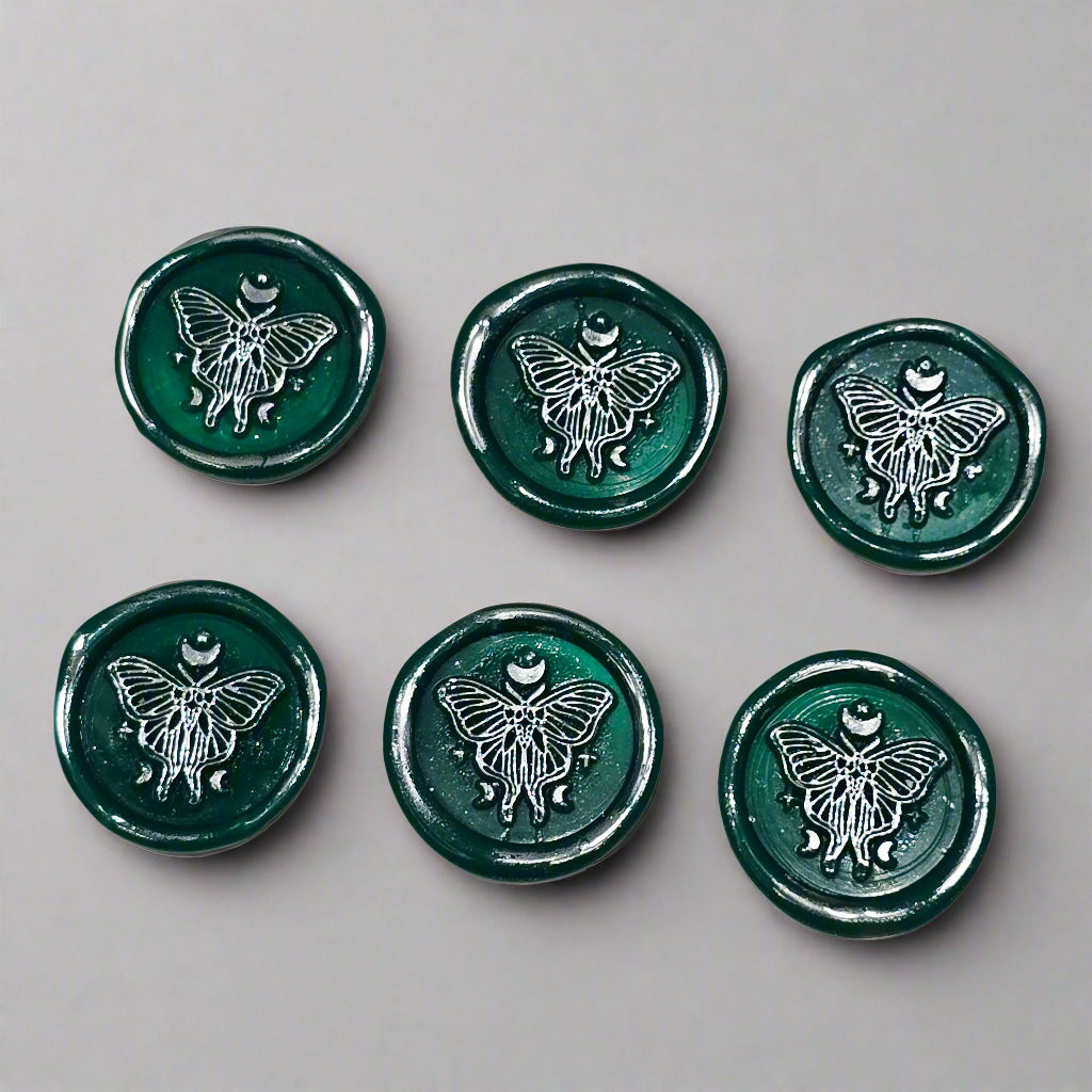 Butterfly Moon Green And Silver Wax Seals, Set of SIX with Adhesive Wax Seals for Cards, Invitations and Gifts
