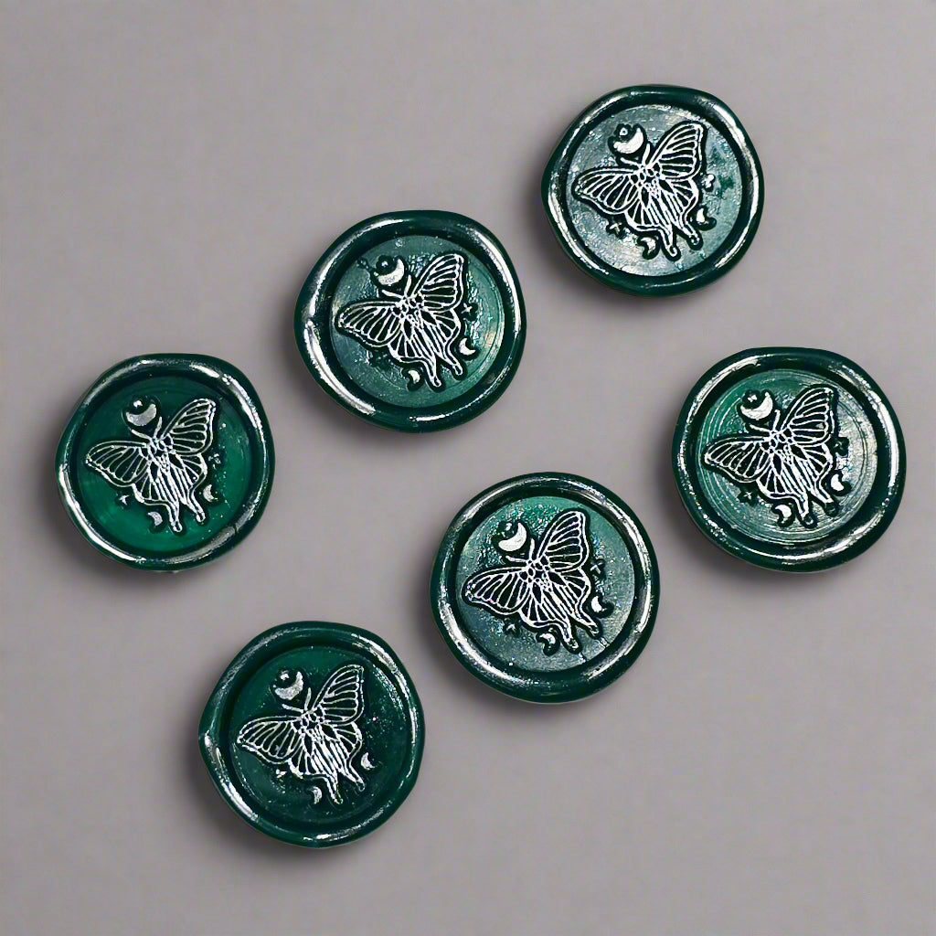 Butterfly Moon Green And Silver Wax Seals, Set of SIX with Adhesive Wax Seals for Cards, Invitations and Gifts