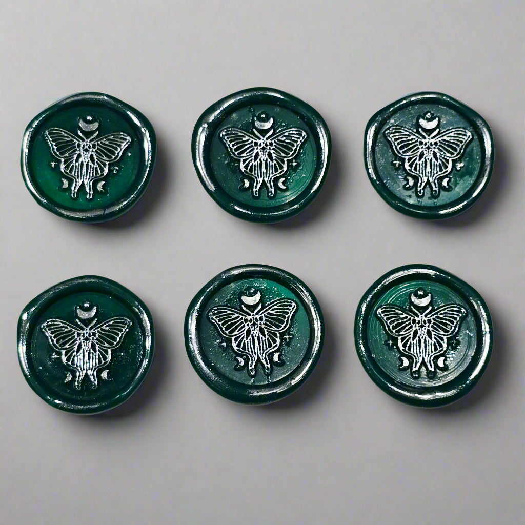 Butterfly Moon Green And Silver Wax Seals, Set of SIX with Adhesive Wax Seals for Cards, Invitations and Gifts