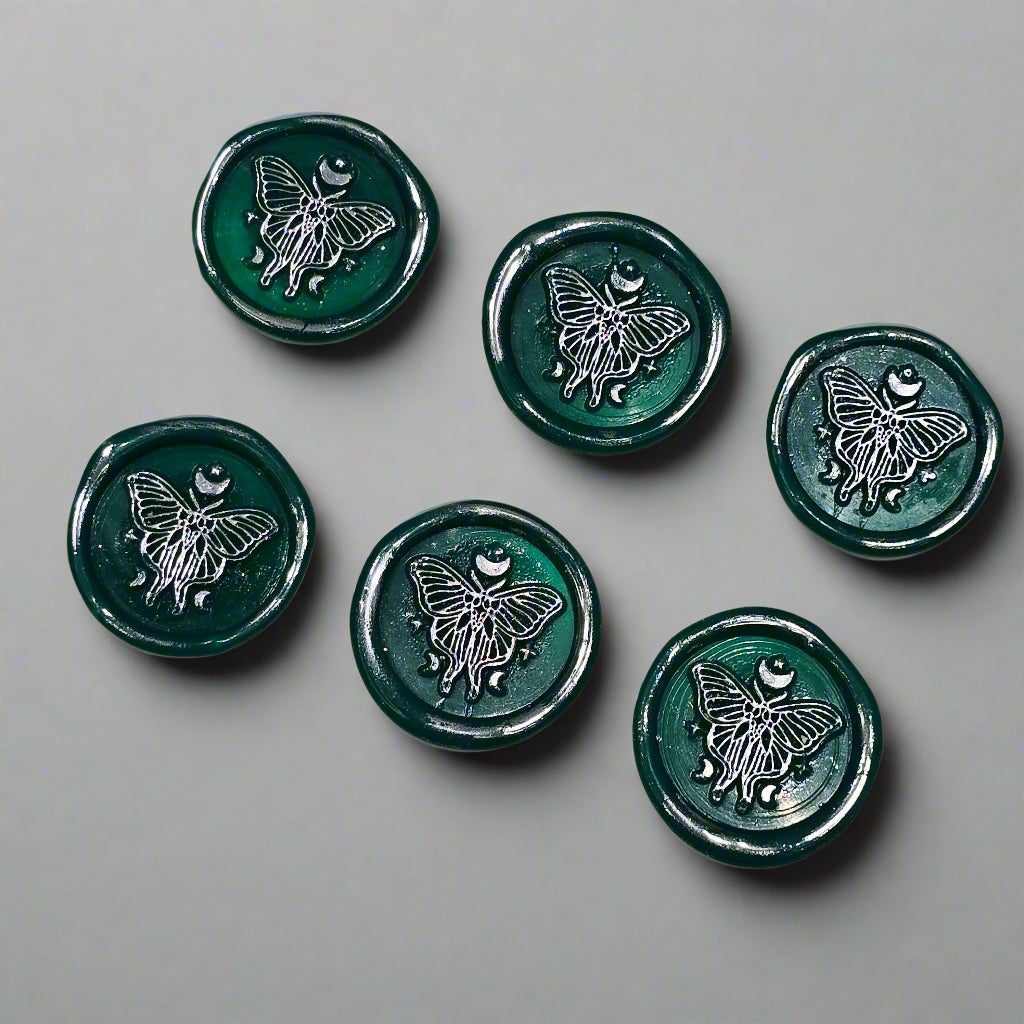 Butterfly Moon Green And Silver Wax Seals, Set of SIX with Adhesive Wax Seals for Cards, Invitations and Gifts