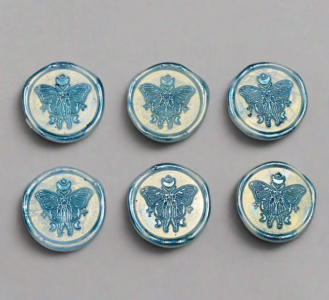 Butterfly Moon Ice Blue Wax Seals, Set of SIX with Adhesive Wax Seals for Cards, Invitations and Gifts