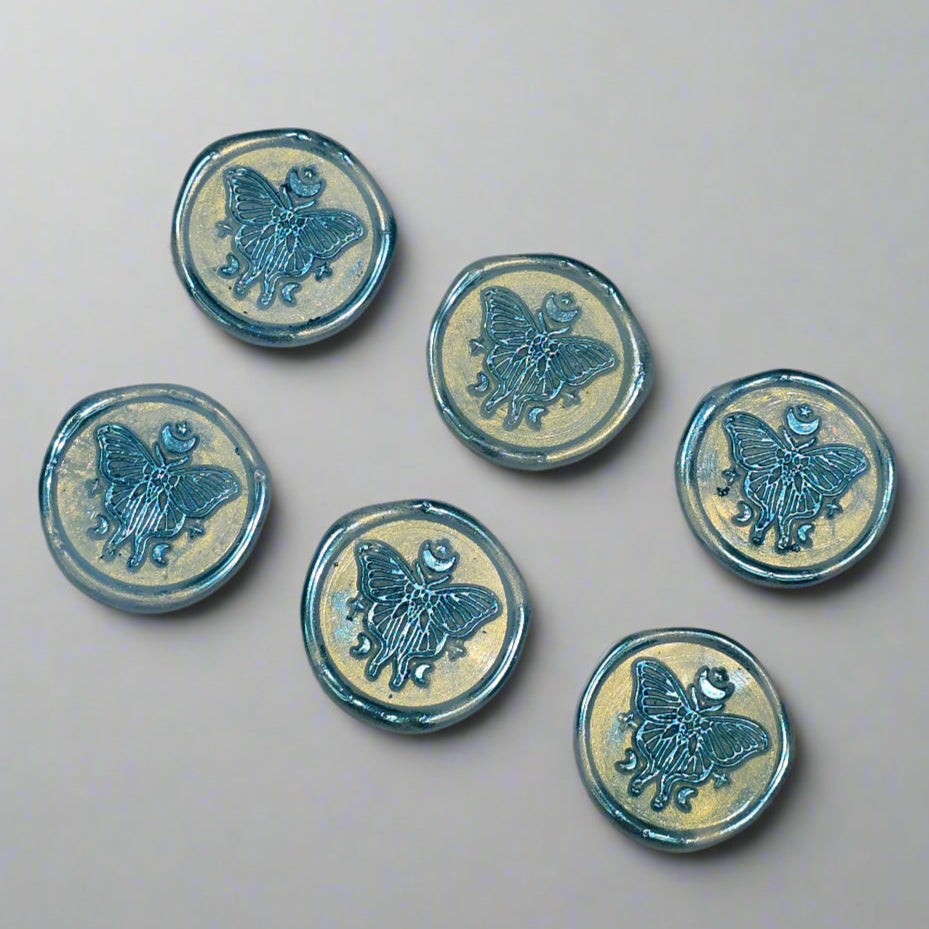 Butterfly Moon Ice Blue Wax Seals, Set of SIX with Adhesive Wax Seals for Cards, Invitations and Gifts
