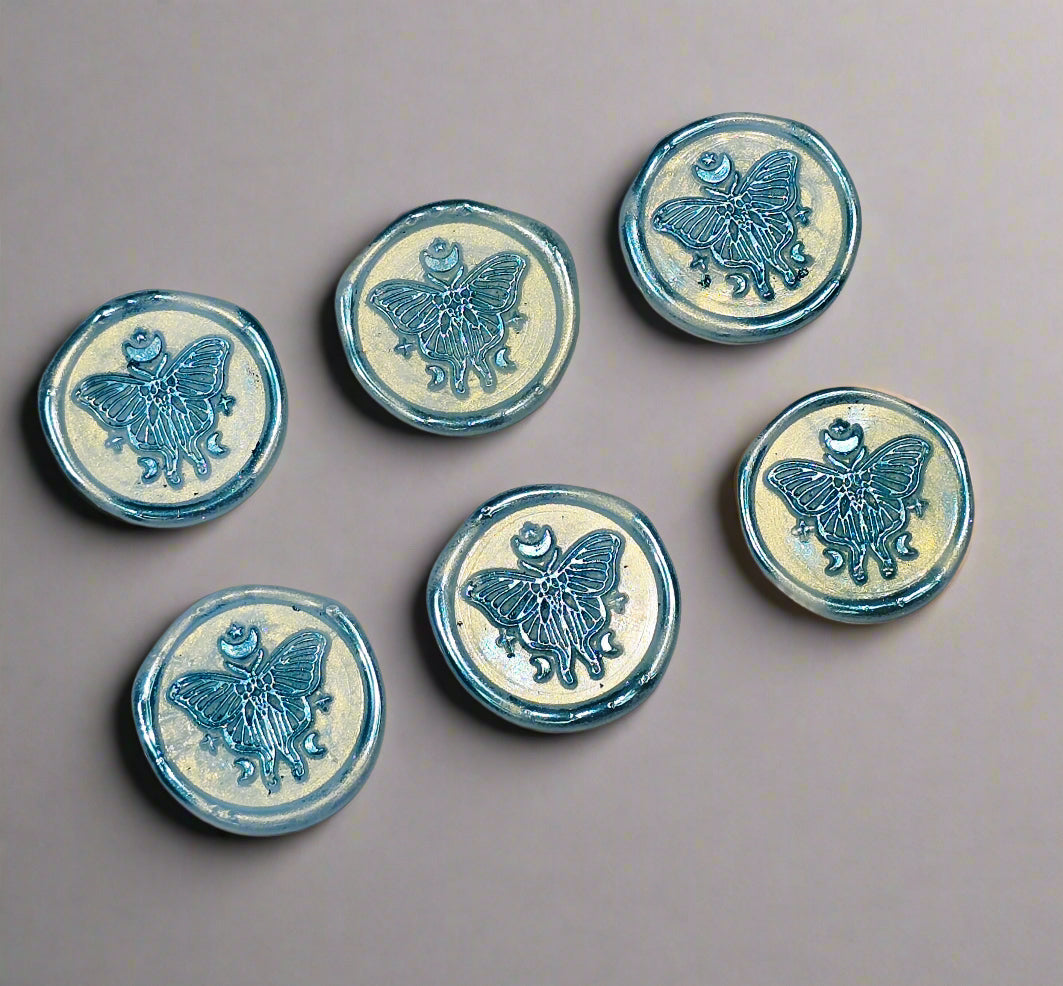 Butterfly Moon Ice Blue Wax Seals, Set of SIX with Adhesive Wax Seals for Cards, Invitations and Gifts