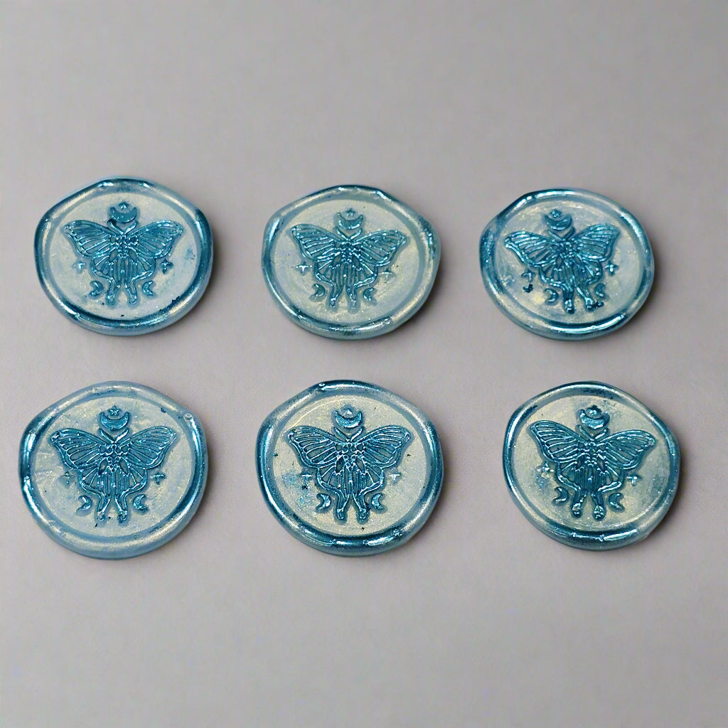 Butterfly Moon Ice Blue Wax Seals, Set of SIX with Adhesive Wax Seals for Cards, Invitations and Gifts
