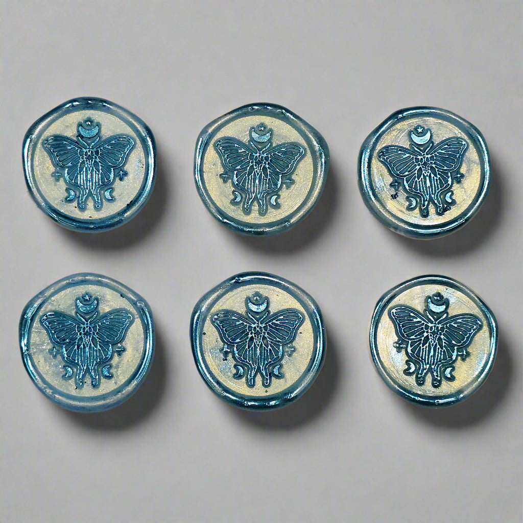 Butterfly Moon Ice Blue Wax Seals, Set of SIX with Adhesive Wax Seals for Cards, Invitations and Gifts