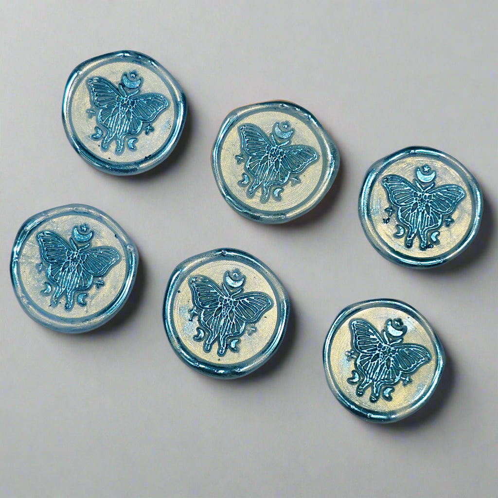 Butterfly Moon Ice Blue Wax Seals, Set of SIX with Adhesive Wax Seals for Cards, Invitations and Gifts