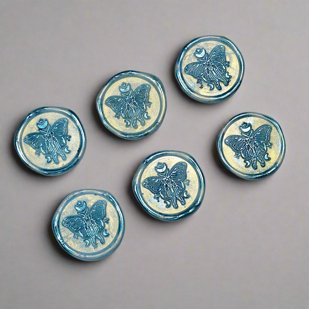 Butterfly Moon Ice Blue Wax Seals, Set of SIX with Adhesive Wax Seals for Cards, Invitations and Gifts
