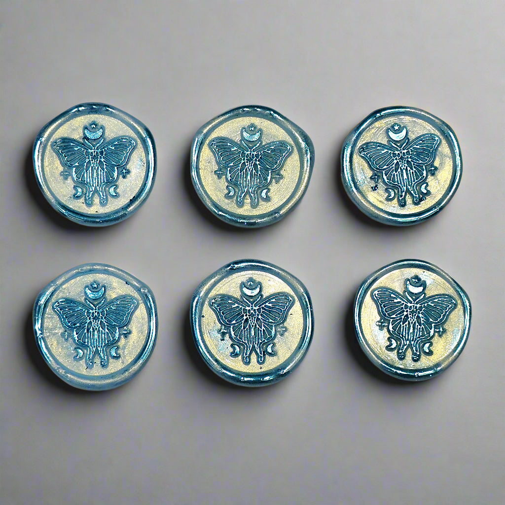 Butterfly Moon Ice Blue Wax Seals, Set of SIX with Adhesive Wax Seals for Cards, Invitations and Gifts