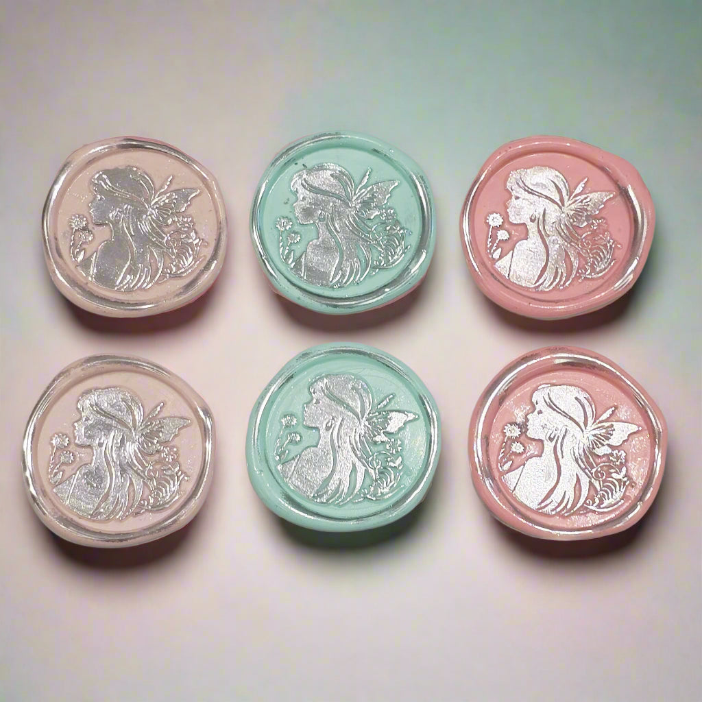 Fairy Wax Seals Pastels Light Pink, Mint, Peach Pink and Silver Set of SIX, for cards, invitations, letters and gifts