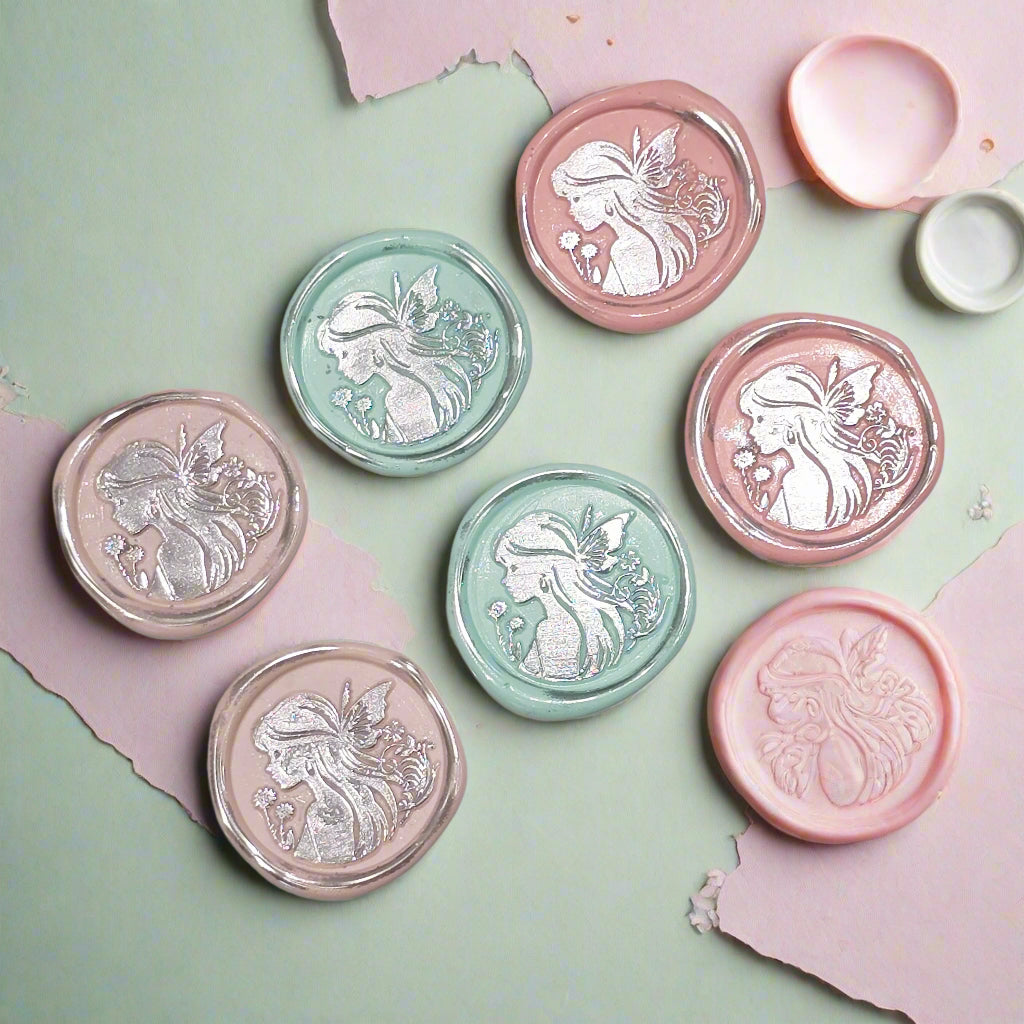 Fairy Wax Seals Pastels Light Pink, Mint, Peach Pink and Silver Set of SIX, for cards, invitations, letters and gifts