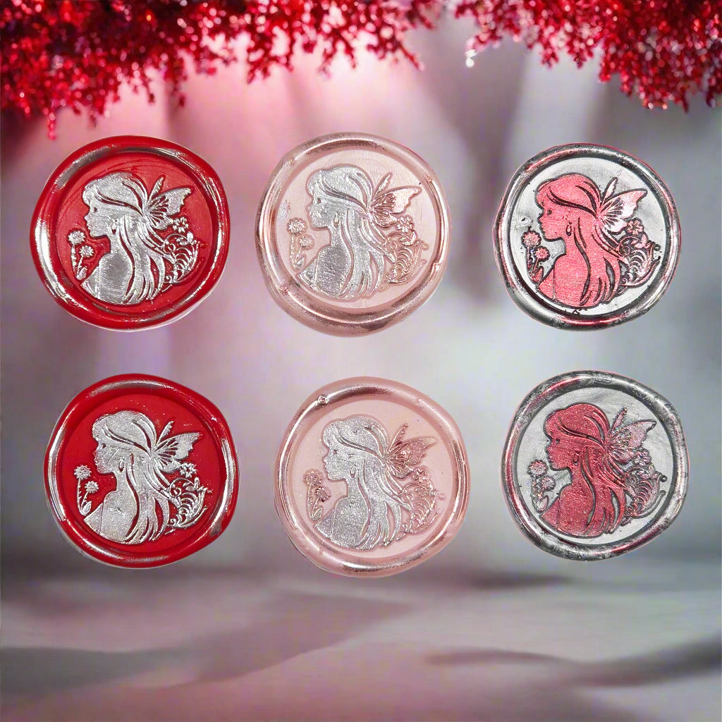 Fairy Wax Seals Apple Red, Silver and Pastel Pink, Set of SIX, for cards, invitations, letters and gifts