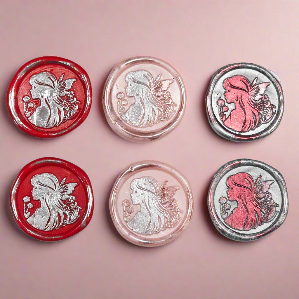 Fairy Wax Seals Apple Red, Silver and Pastel Pink, Set of SIX, for cards, invitations, letters and gifts