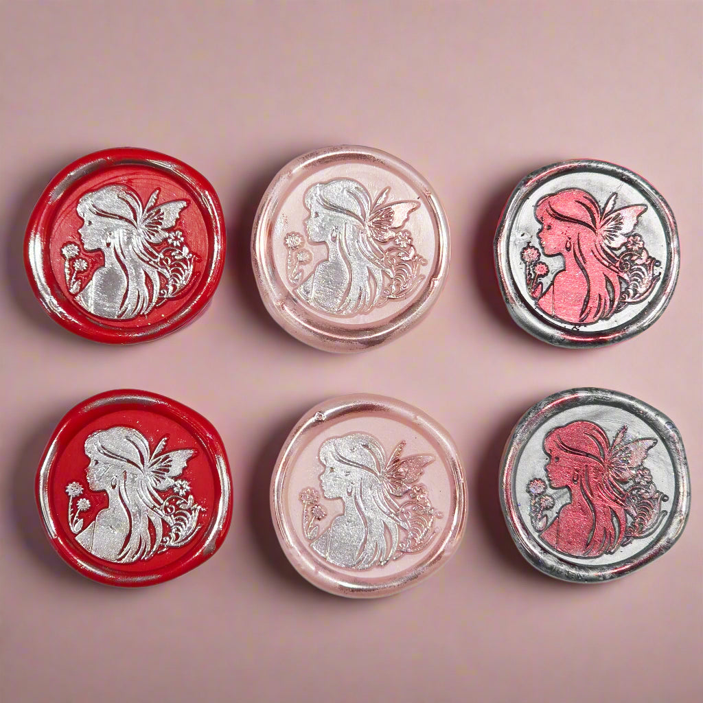Fairy Wax Seals Apple Red, Silver and Pastel Pink, Set of SIX, for cards, invitations, letters and gifts