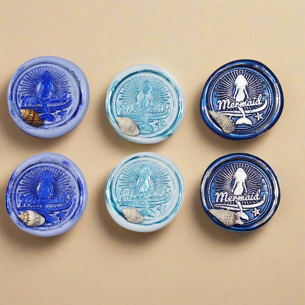 Mermaid Wax Seals Melody of Blue, With Shell Set of SIX, for cards, invitations, letters and gifts