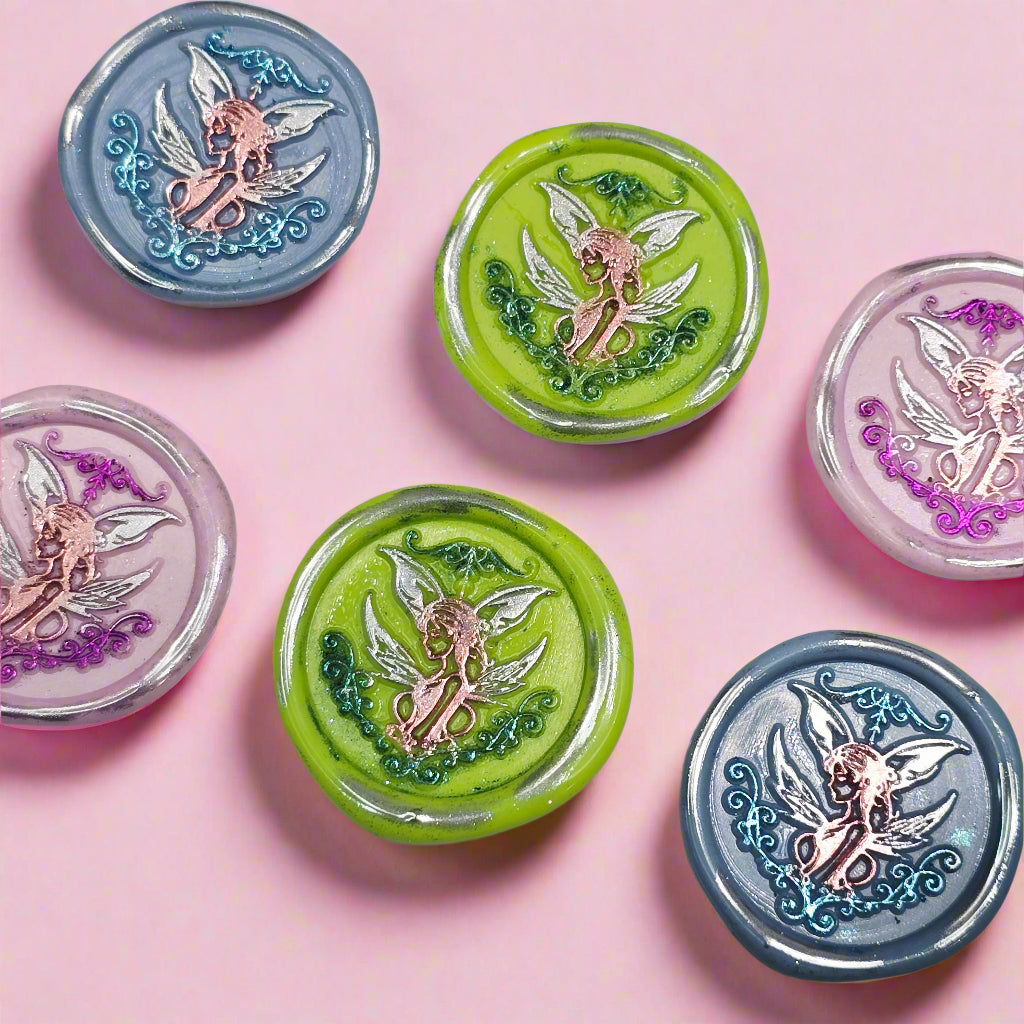 Fairy Wax Seals Pastels Periwinkle Blue, Lime, Pink and Silver Set of SIX, for cards, invitations, letters and gifts