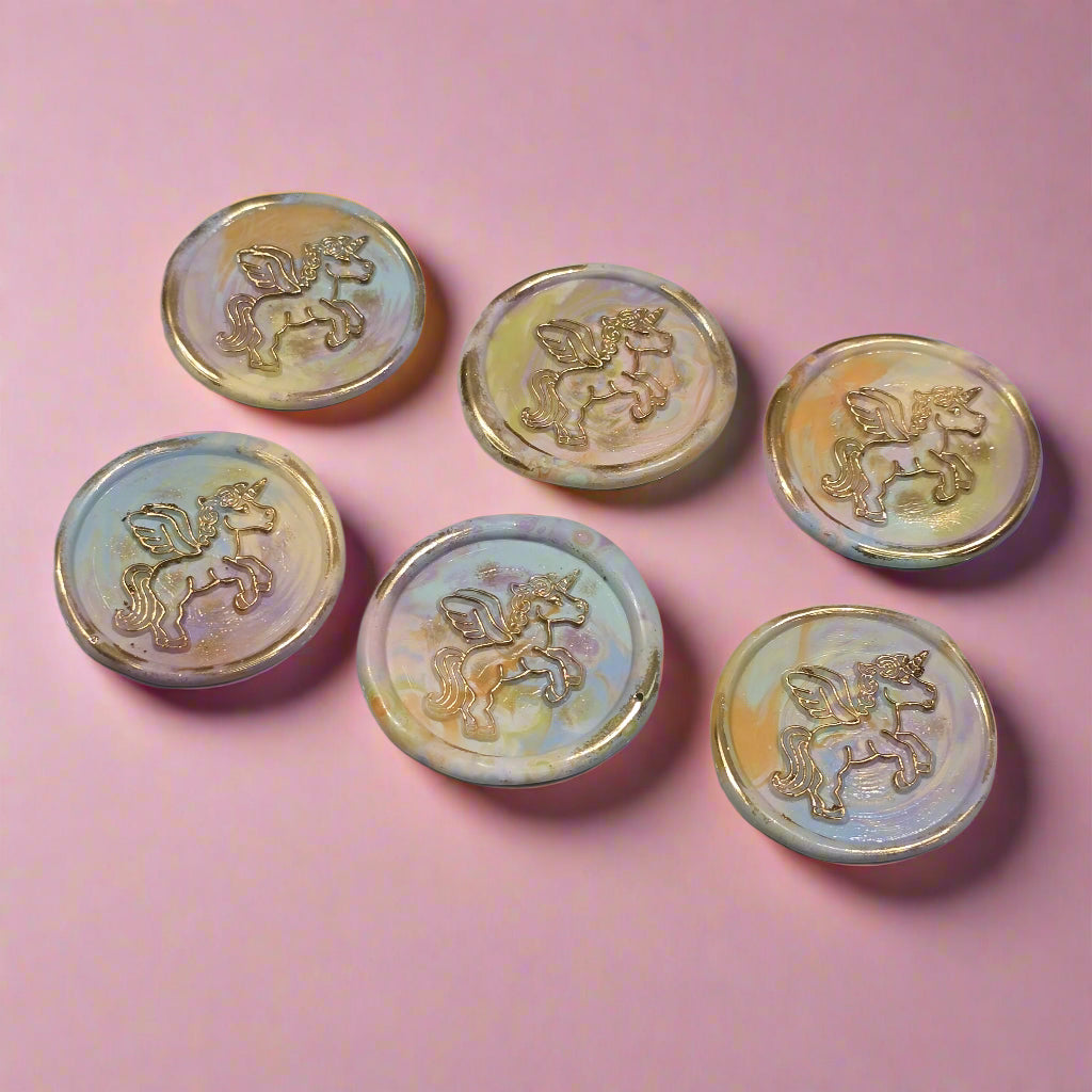 Unicorn Wax Seal In Rainbow Pastel and Gold, Set of SIX for cards, invitations, letters and gifts