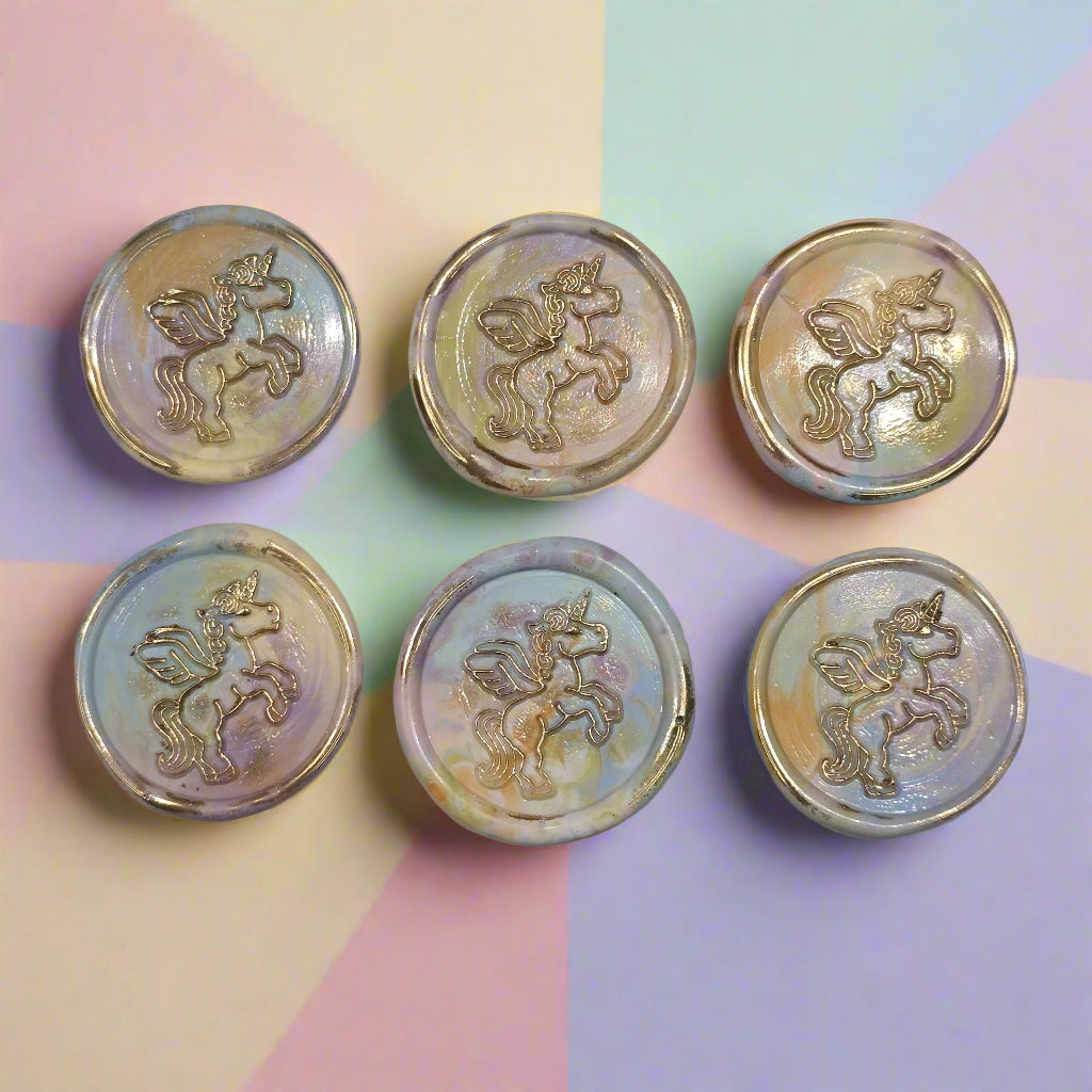 Unicorn Wax Seal In Rainbow Pastel and Gold, Set of SIX for cards, invitations, letters and gifts