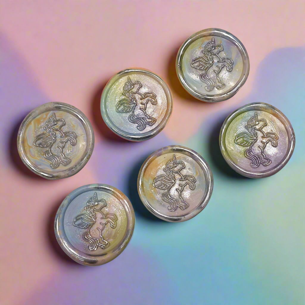 Unicorn Wax Seal In Rainbow Pastel and Silver, Set of SIX for cards, invitations, letters and gifts
