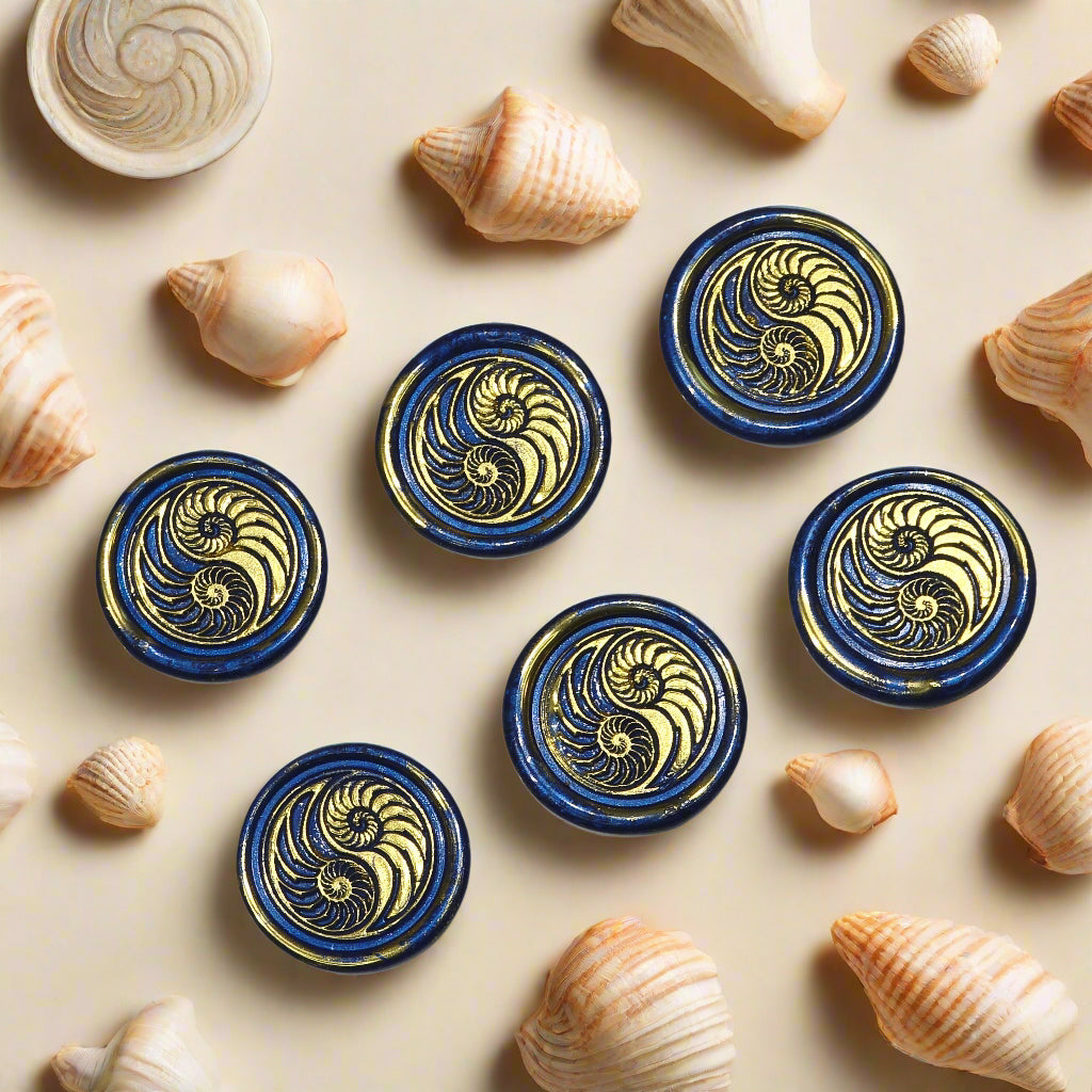 Conch Shell Wax Seals in Yin Yang in Blue and Gold, Set of SIX for cards, invitations, letters and gifts