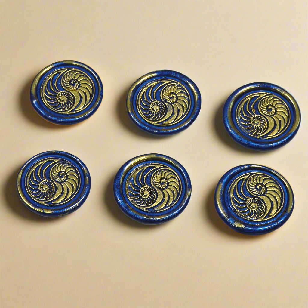 Conch Shell Wax Seals in Yin Yang in Blue and Gold, Set of SIX for cards, invitations, letters and gifts