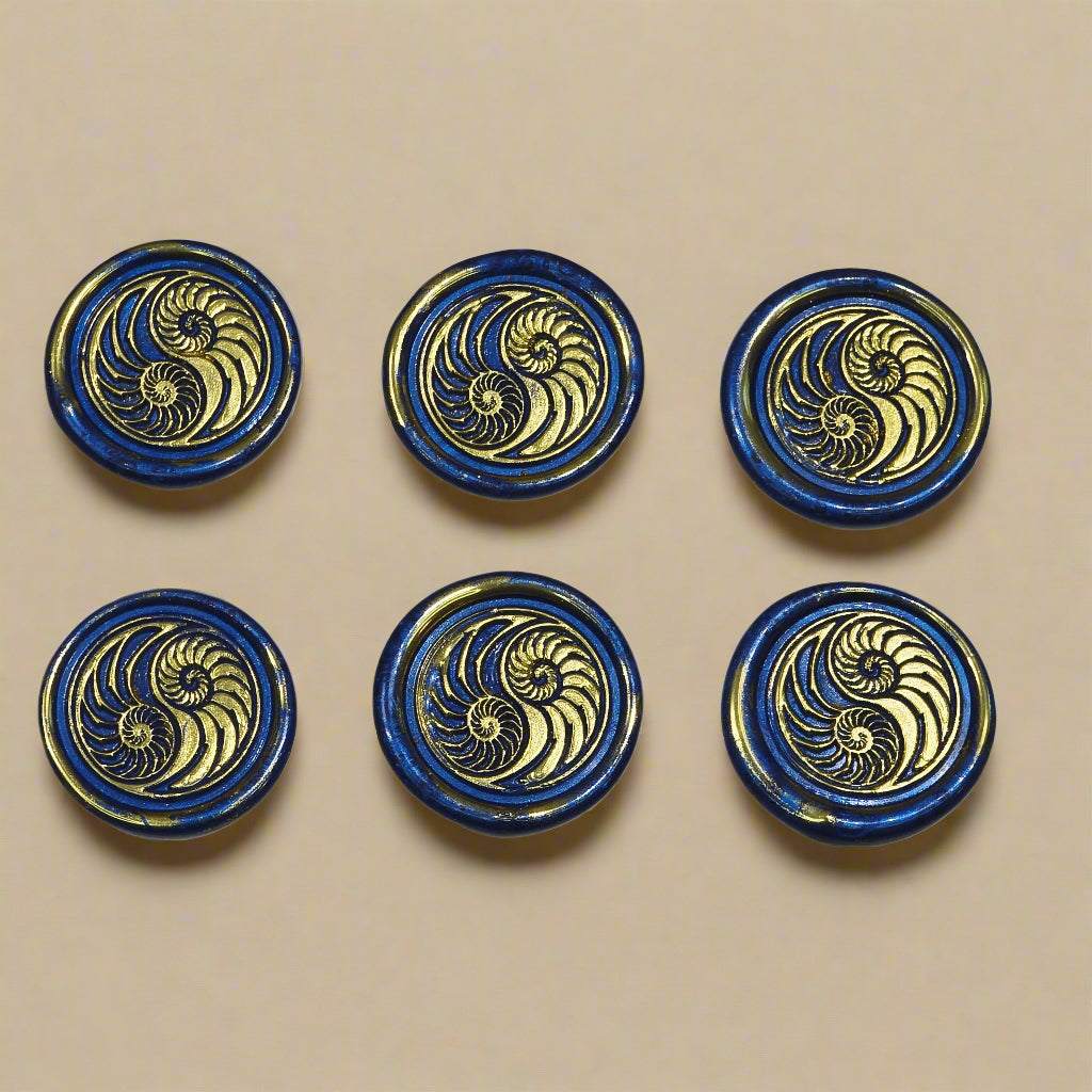 Conch Shell Wax Seals in Yin Yang in Blue and Gold, Set of SIX for cards, invitations, letters and gifts