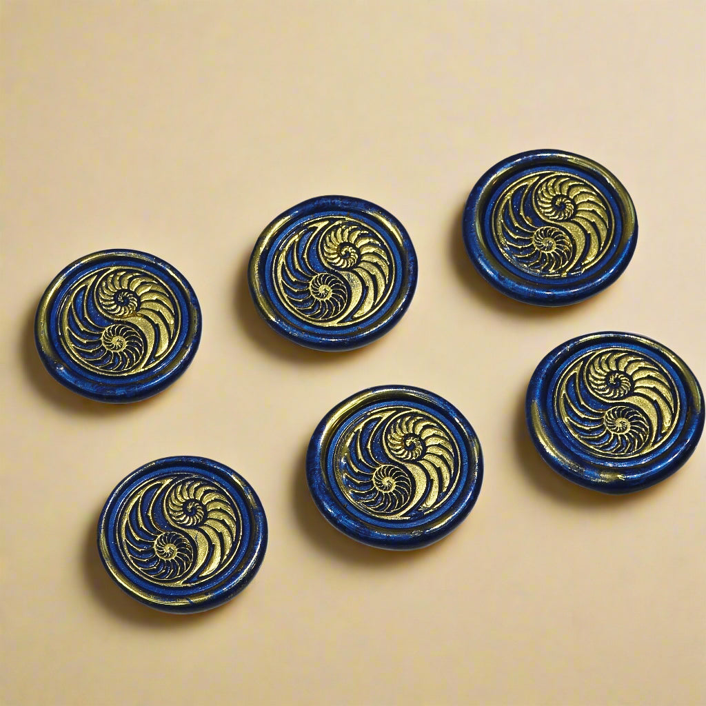 Conch Shell Wax Seals in Yin Yang in Blue and Gold, Set of SIX for cards, invitations, letters and gifts