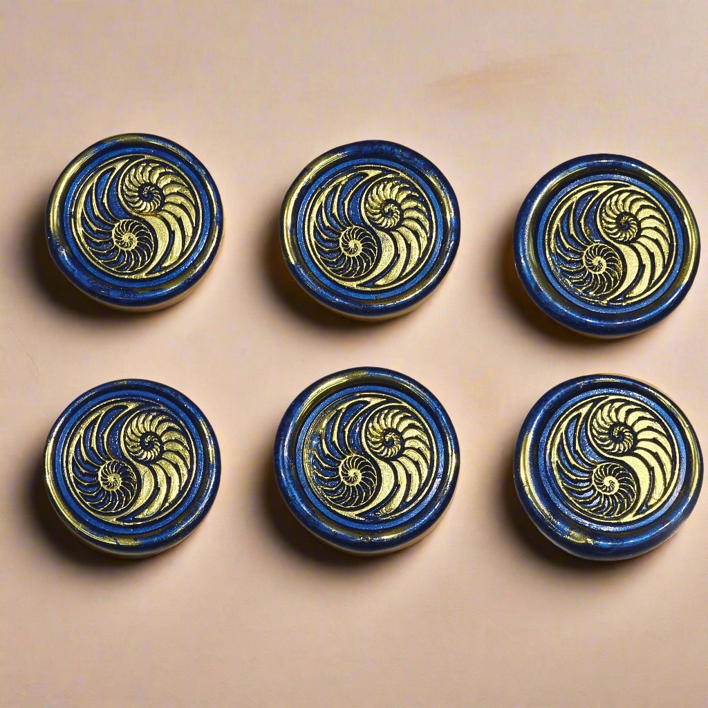 Conch Shell Wax Seals in Yin Yang in Blue and Gold, Set of SIX for cards, invitations, letters and gifts