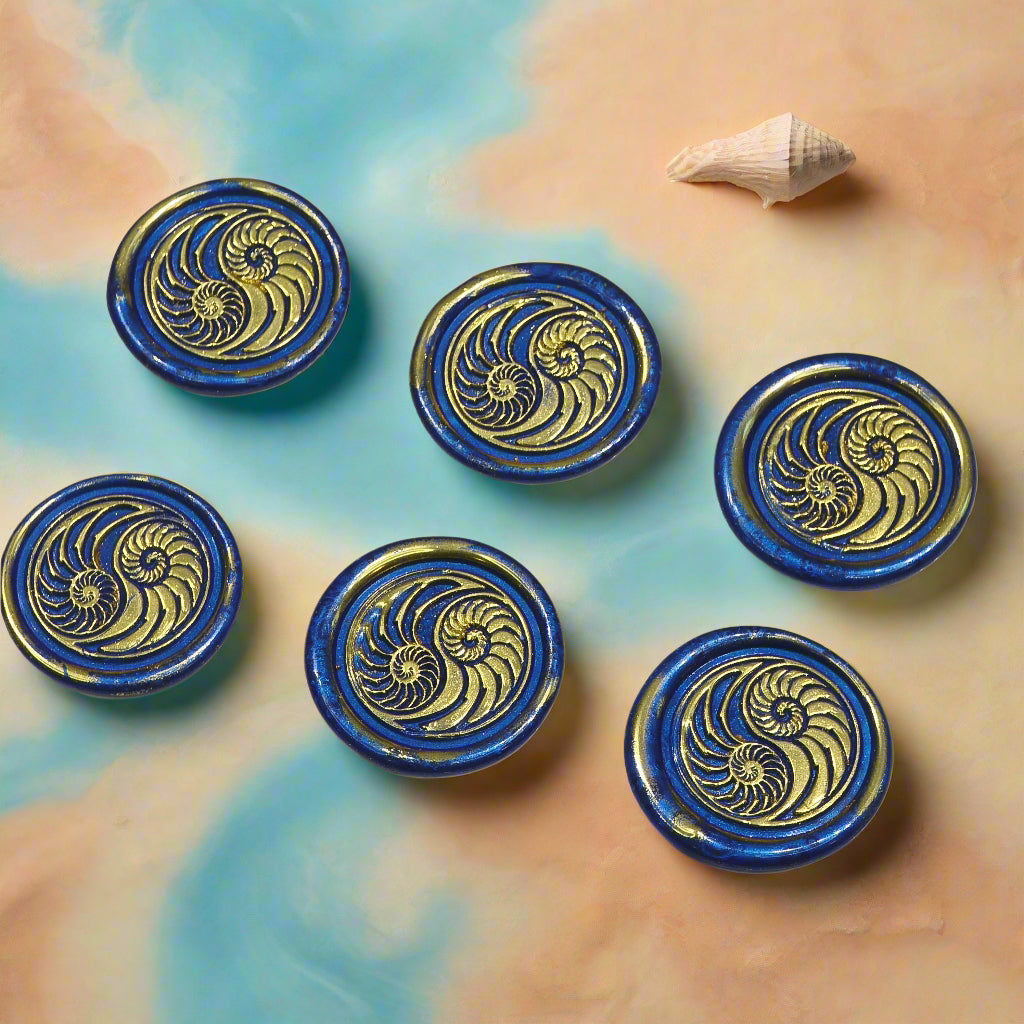 Conch Shell Wax Seals in Yin Yang in Blue and Gold, Set of SIX for cards, invitations, letters and gifts