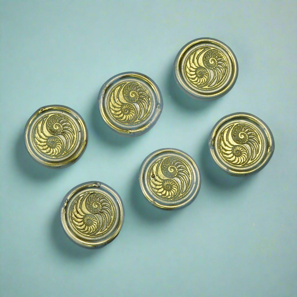 Conch Shell in Yin Yang in Ice Blue and Gold, Set of SIX for cards, invitations, letters and gifts