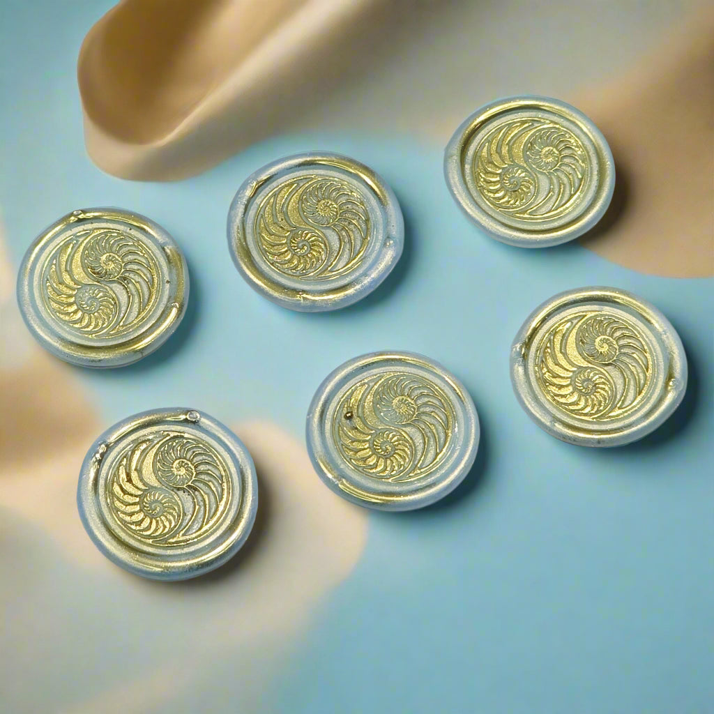 Conch Shell in Yin Yang in Ice Blue and Gold, Set of SIX for cards, invitations, letters and gifts