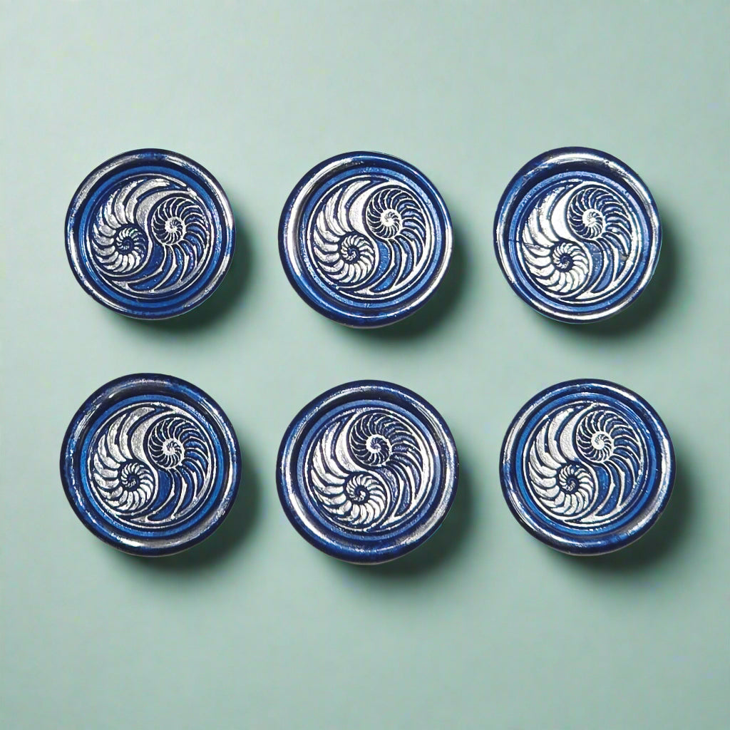 Conch Shell Wax Seals in Yin Yang in Blue and Silver, Set of SIX for cards, invitations, letters and gifts