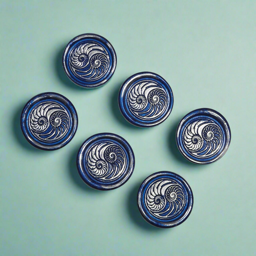 Conch Shell Wax Seals in Yin Yang in Blue and Silver, Set of SIX for cards, invitations, letters and gifts