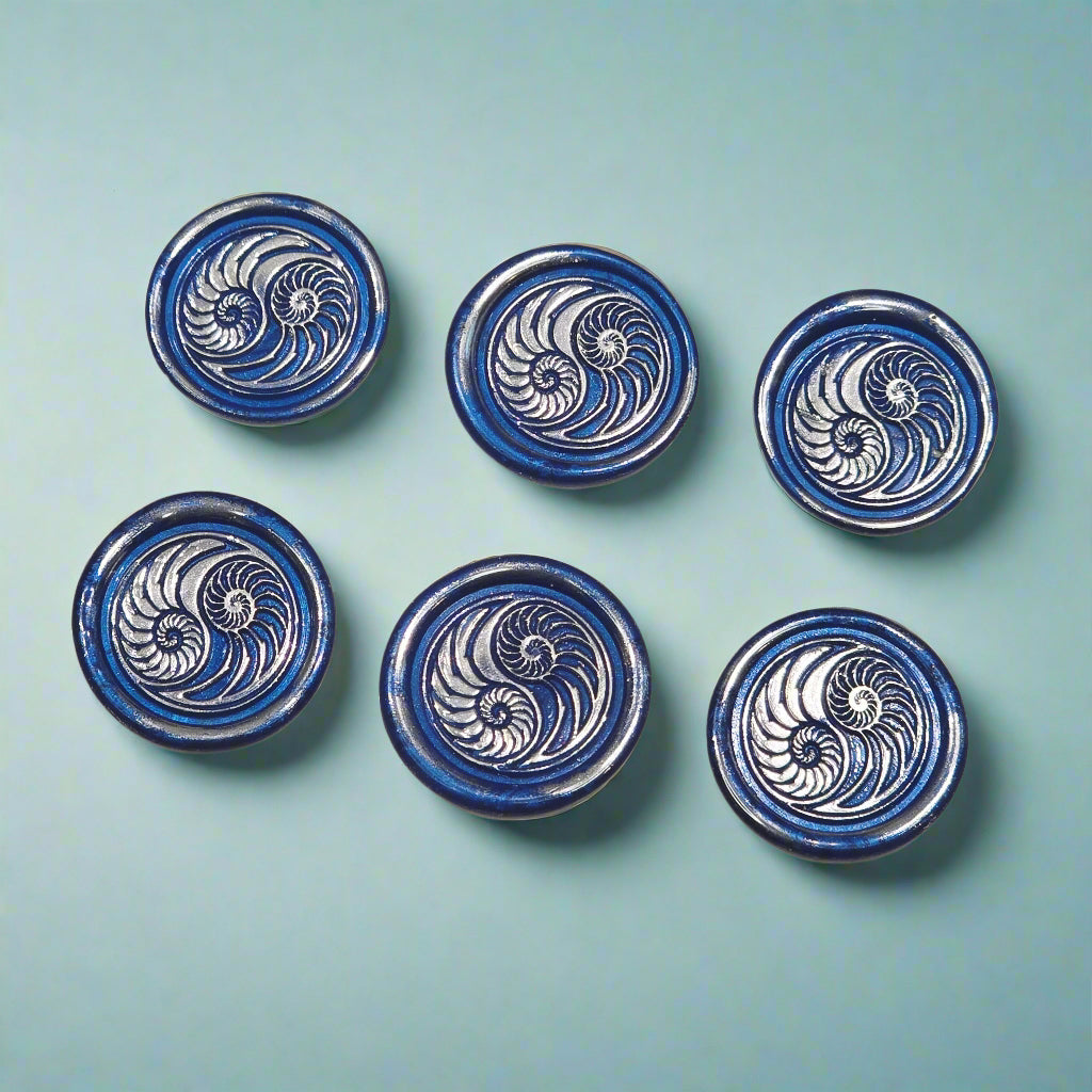 Conch Shell Wax Seals in Yin Yang in Blue and Silver, Set of SIX for cards, invitations, letters and gifts