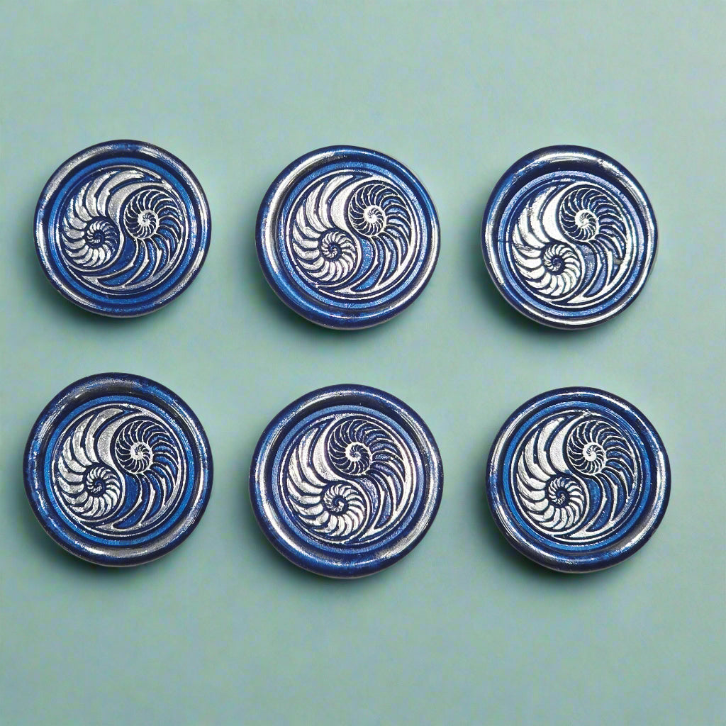 Conch Shell Wax Seals in Yin Yang in Blue and Silver, Set of SIX for cards, invitations, letters and gifts