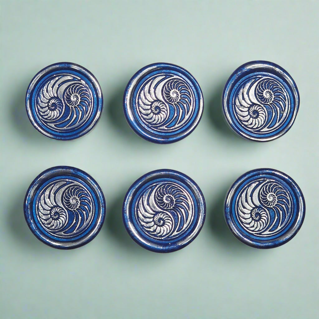 Conch Shell Wax Seals in Yin Yang in Blue and Silver, Set of SIX for cards, invitations, letters and gifts