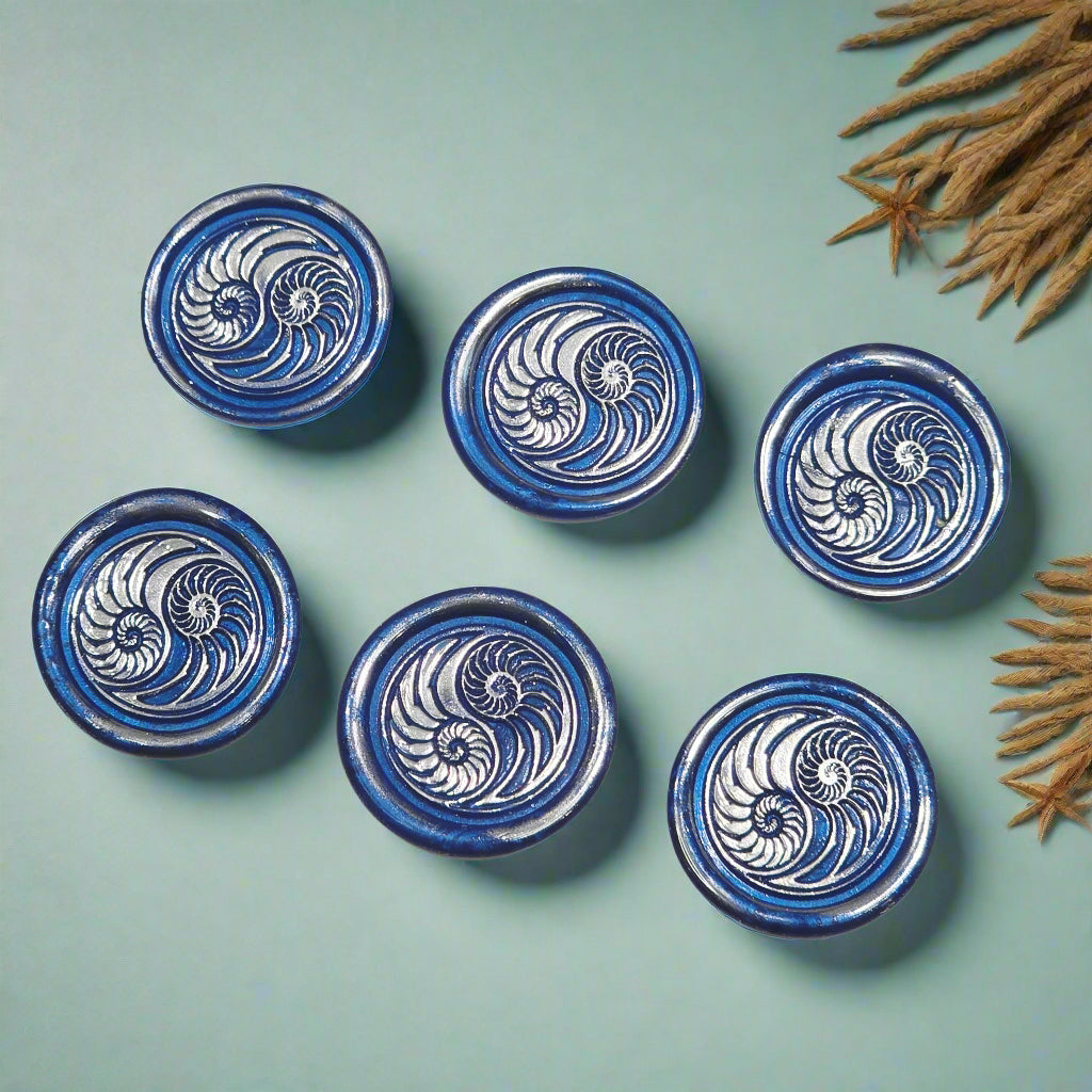 Conch Shell Wax Seals in Yin Yang in Blue and Silver, Set of SIX for cards, invitations, letters and gifts