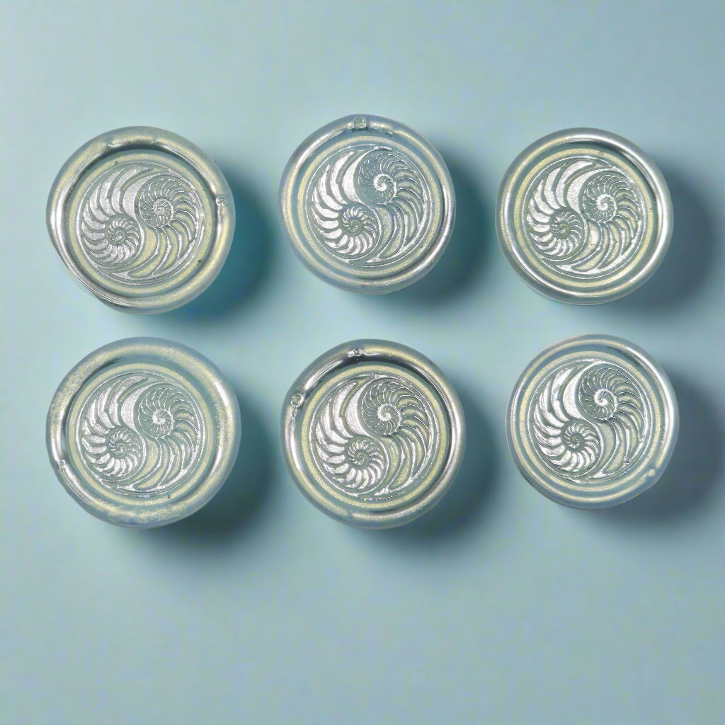 Conch Shell in Yin Yang in Ice Blue and Silver, Set of SIX for cards, invitations, letters and gifts
