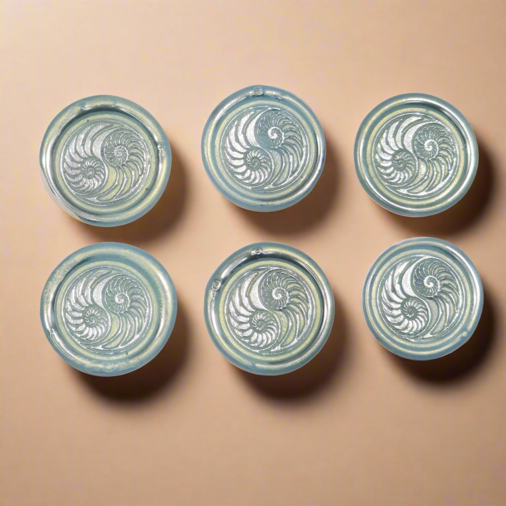 Conch Shell in Yin Yang in Ice Blue and Silver, Set of SIX for cards, invitations, letters and gifts