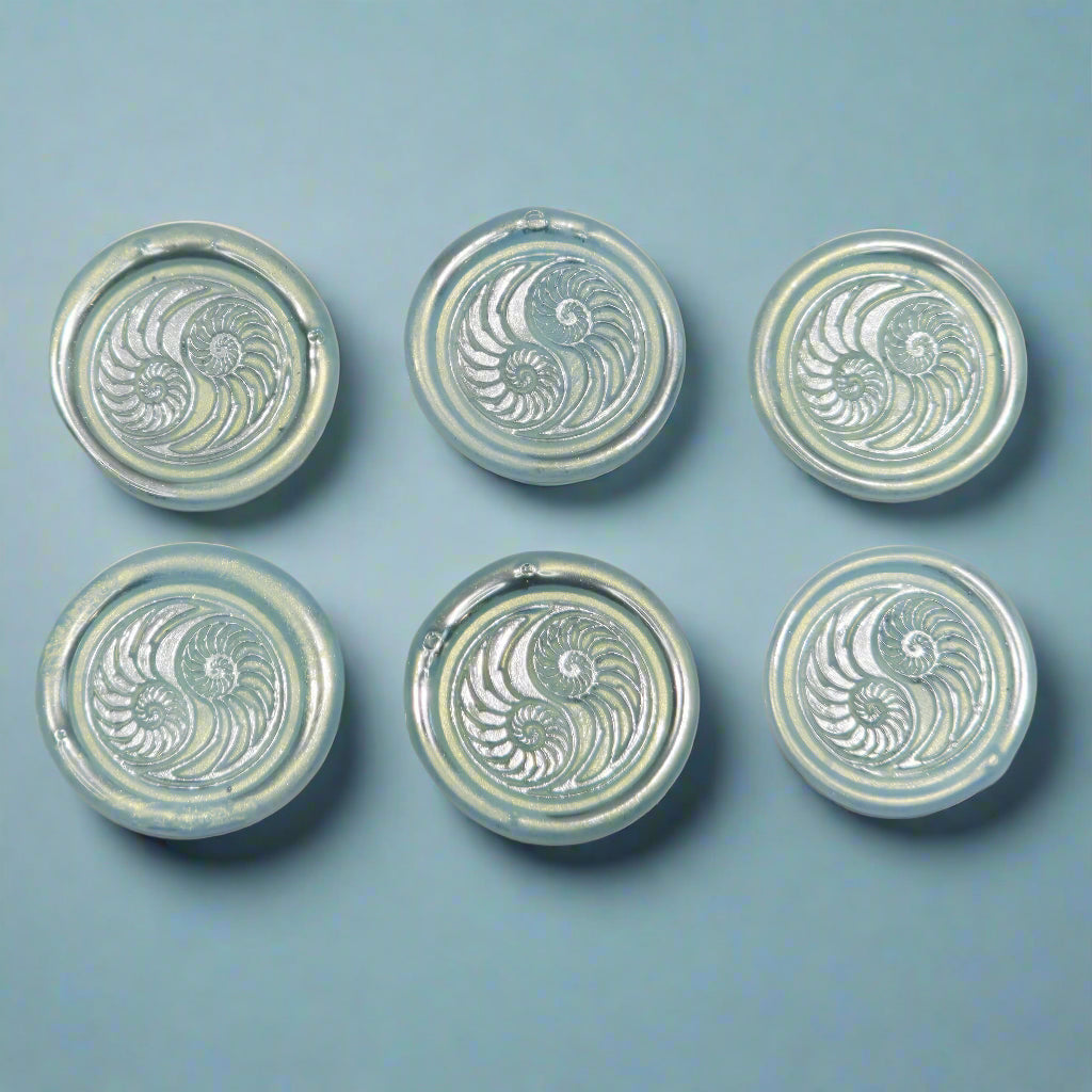 Conch Shell in Yin Yang in Ice Blue and Silver, Set of SIX for cards, invitations, letters and gifts