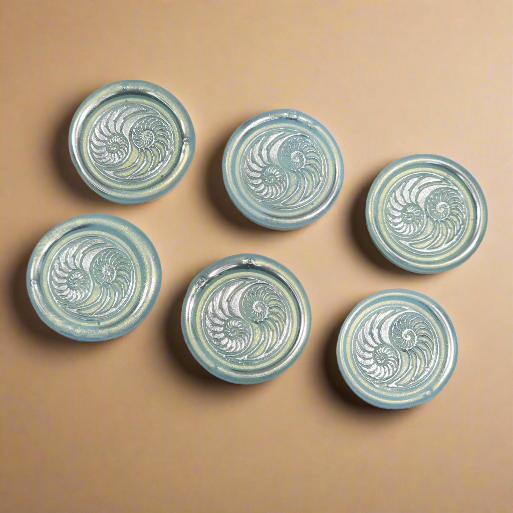 Conch Shell in Yin Yang in Ice Blue and Silver, Set of SIX for cards, invitations, letters and gifts