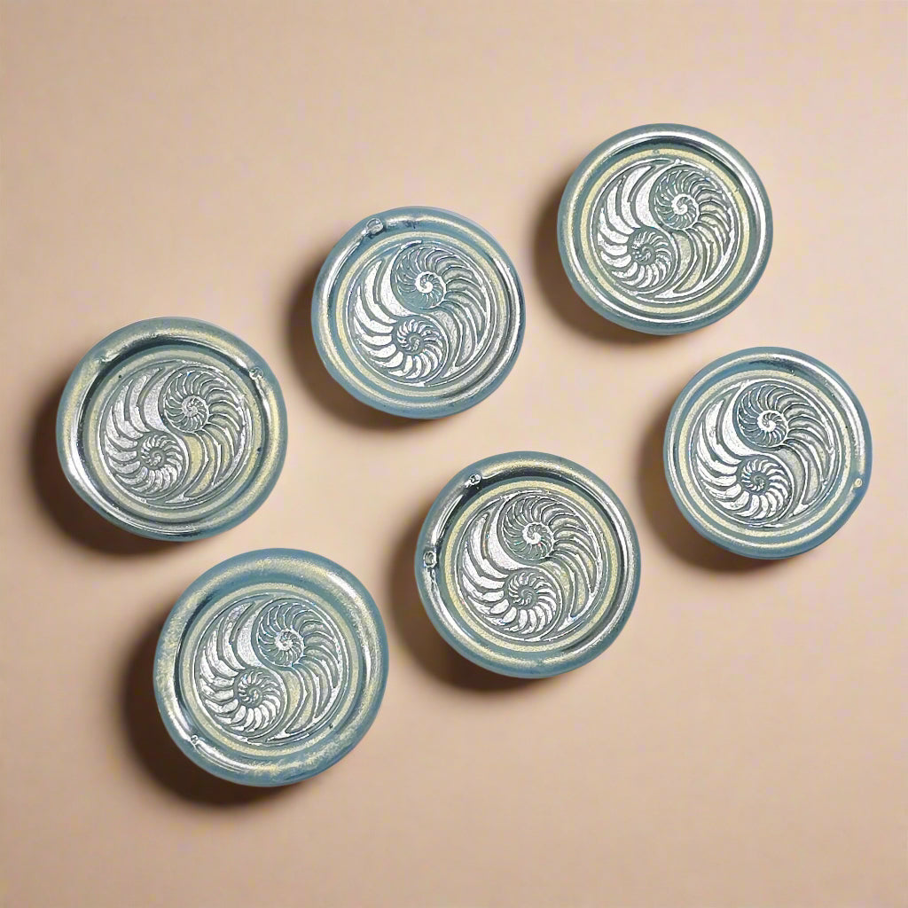 Conch Shell in Yin Yang in Ice Blue and Silver, Set of SIX for cards, invitations, letters and gifts
