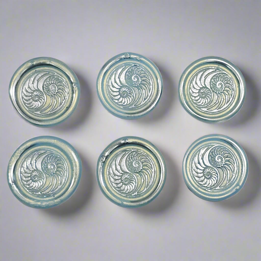 Conch Shell in Yin Yang in Ice Blue and Silver, Set of SIX for cards, invitations, letters and gifts
