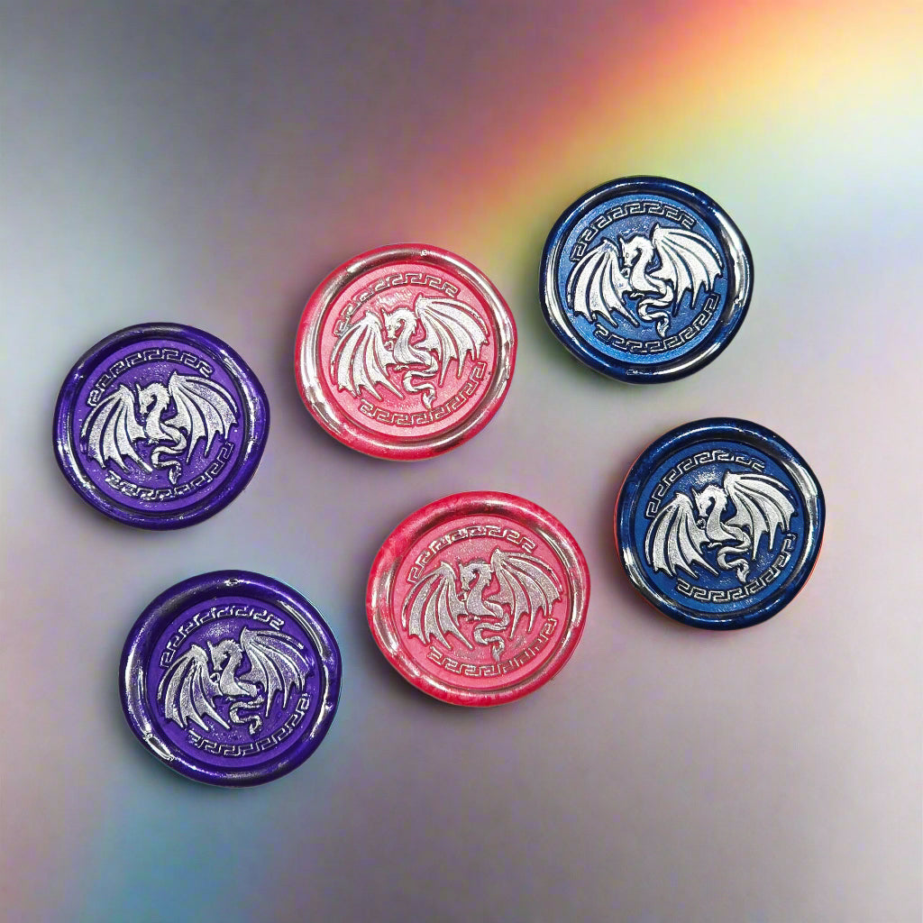 Dragon Wings Spread Wax Seals Purple, Pink, Blue & Silver Set of SIX, with Adhesive